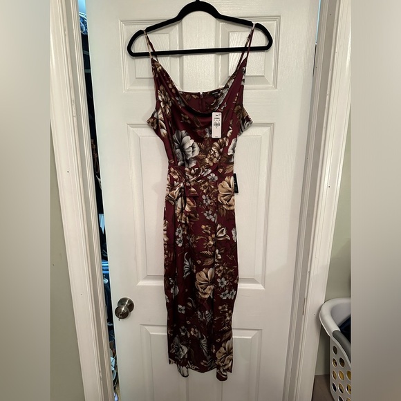 Satin Burgundy Floral CowlNeck Tie Waist Hi-lo Midi Dress Express - Picture 2 of 5